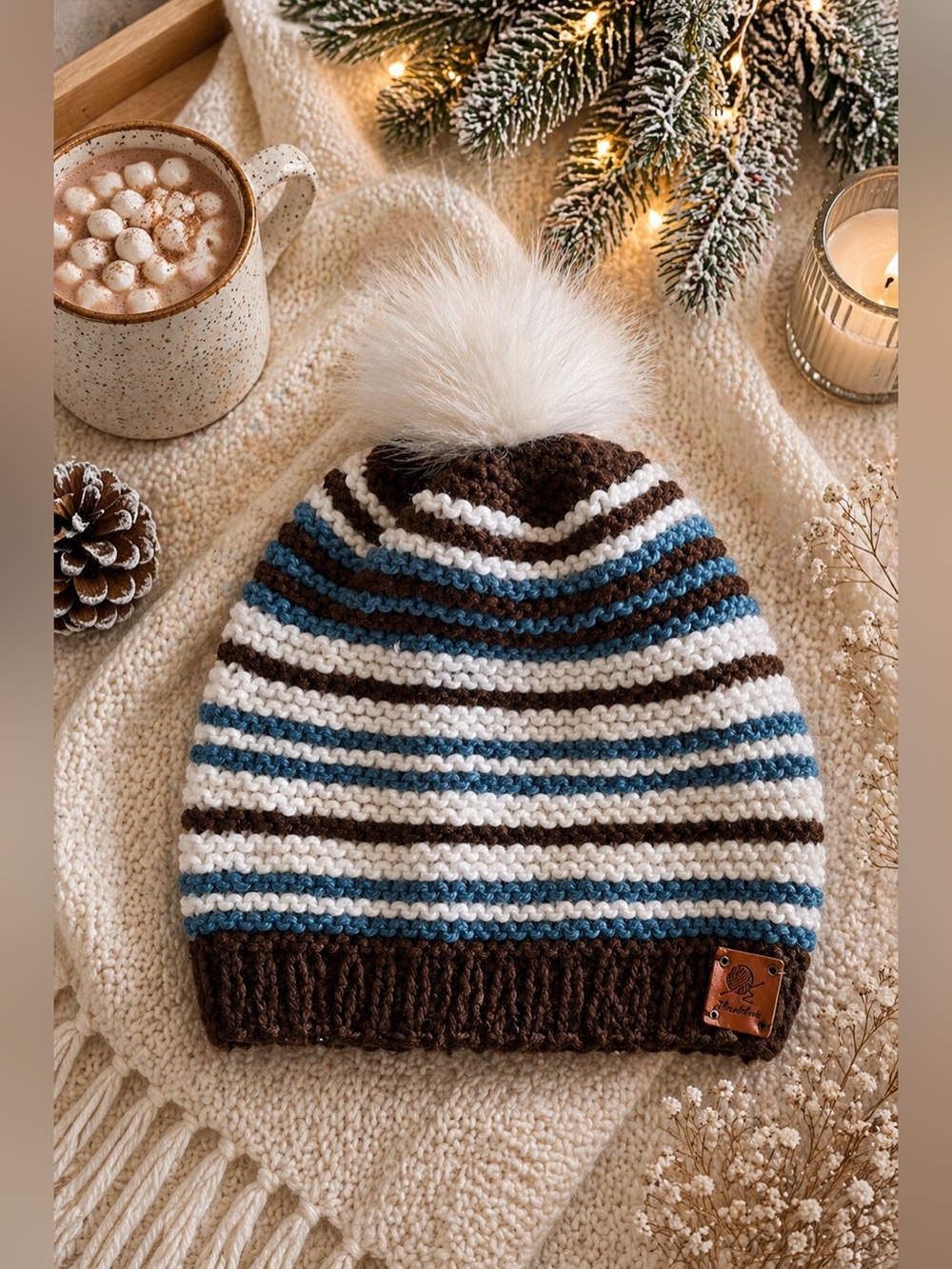 Hand-Knit Women Pom Beanie - Brown, White & Blue